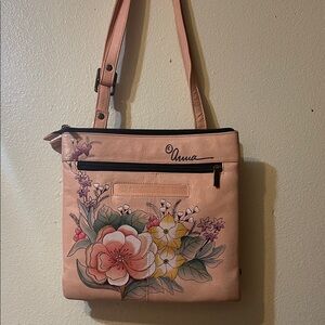 Anna Anuschka Hand Painted Leather Floral Crossbody Bag in Pink